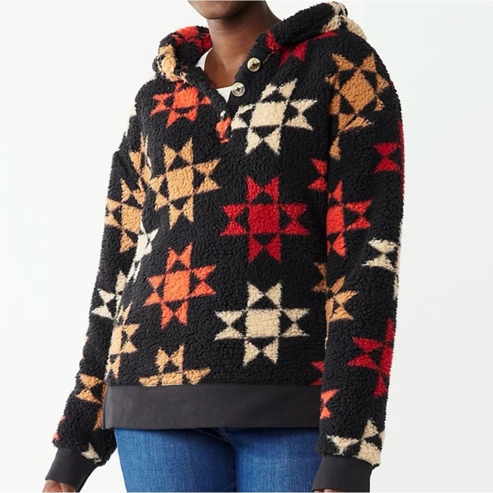 Soft Oversized Sherpa Henley Pullover Hoodie Aztec print Geometric Fleece Small